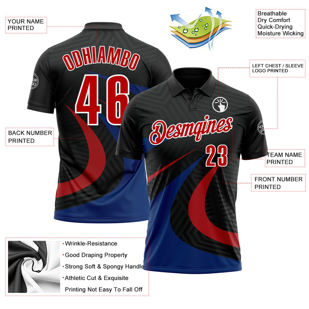 Custom Black Red-Royal 3D Bowling Geometric Shape Performance Polo Shirt view 3