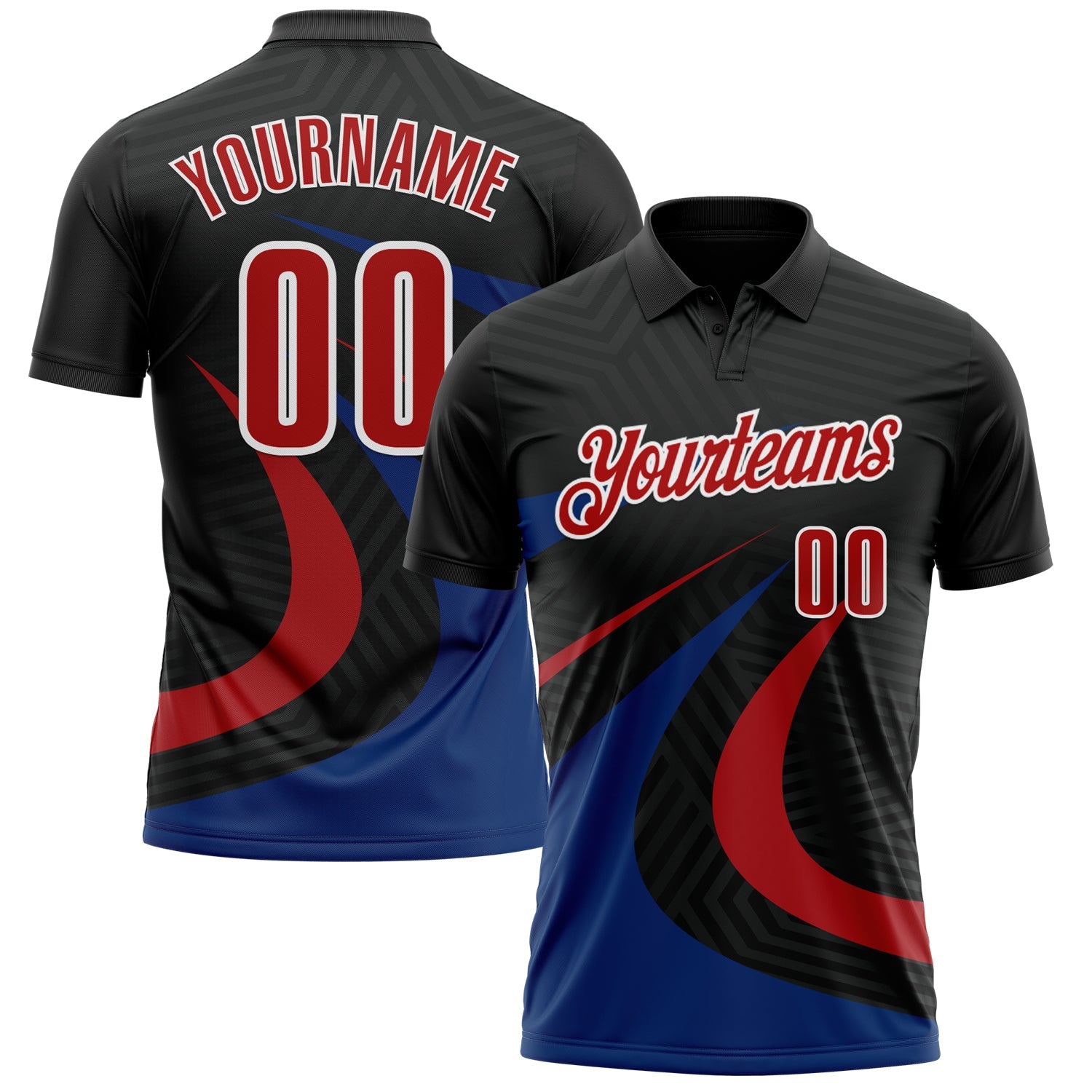 Custom Black Red-Royal 3D Bowling Geometric Shape Performance Polo Shirt - Main View
