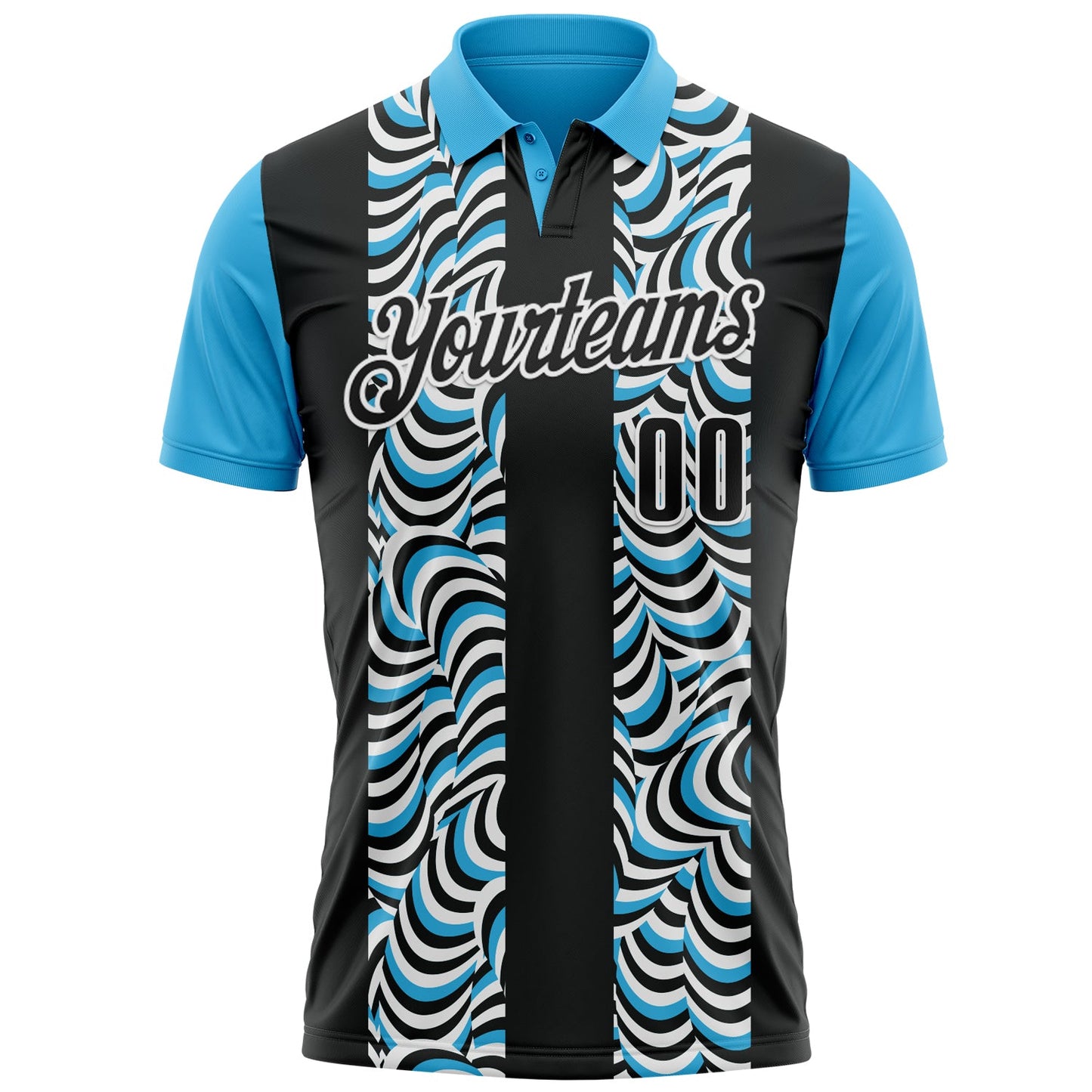 Custom Black Sky Blue-White 3D Bowling Geometric Shape Performance Polo Shirt view 2