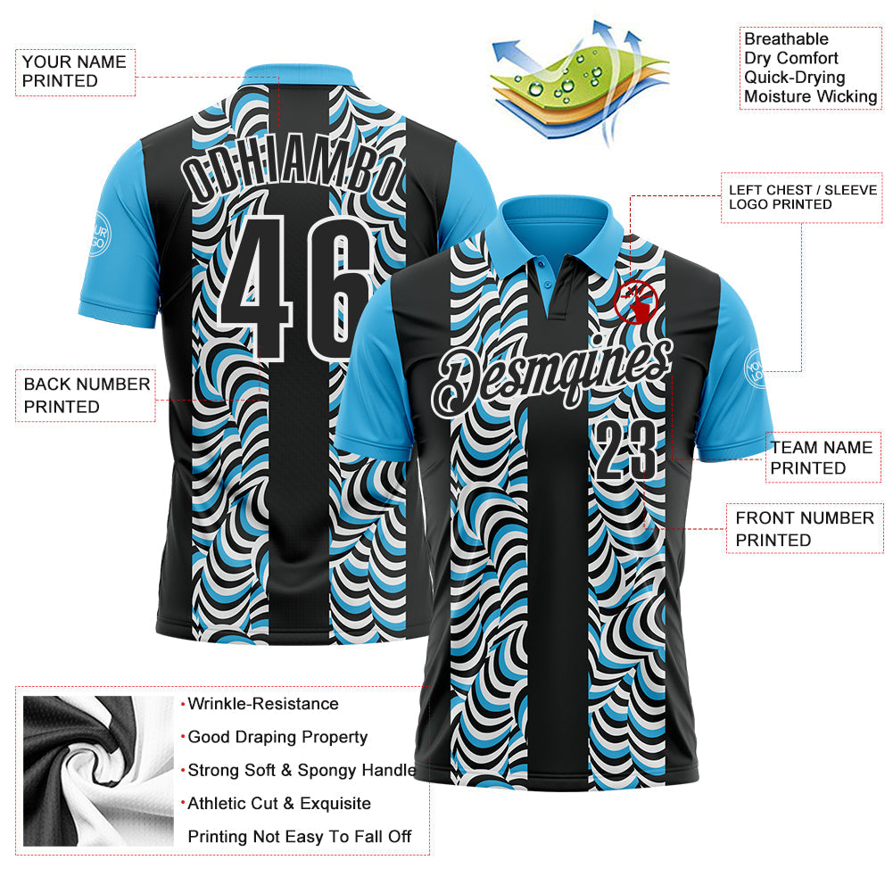 Custom Black Sky Blue-White 3D Bowling Geometric Shape Performance Polo Shirt view 3