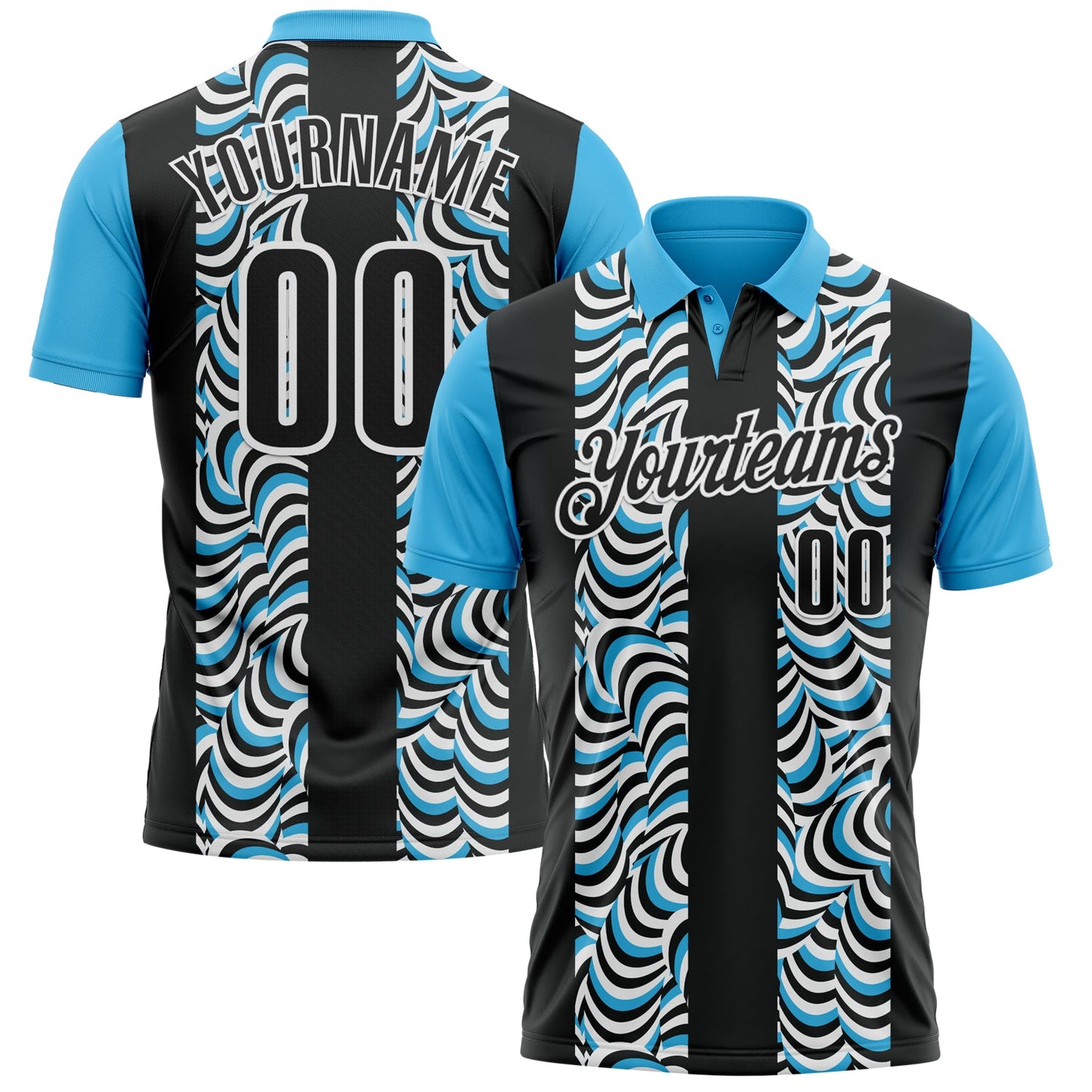 Custom Black Sky Blue-White 3D Bowling Geometric Shape Performance Polo Shirt - Main View