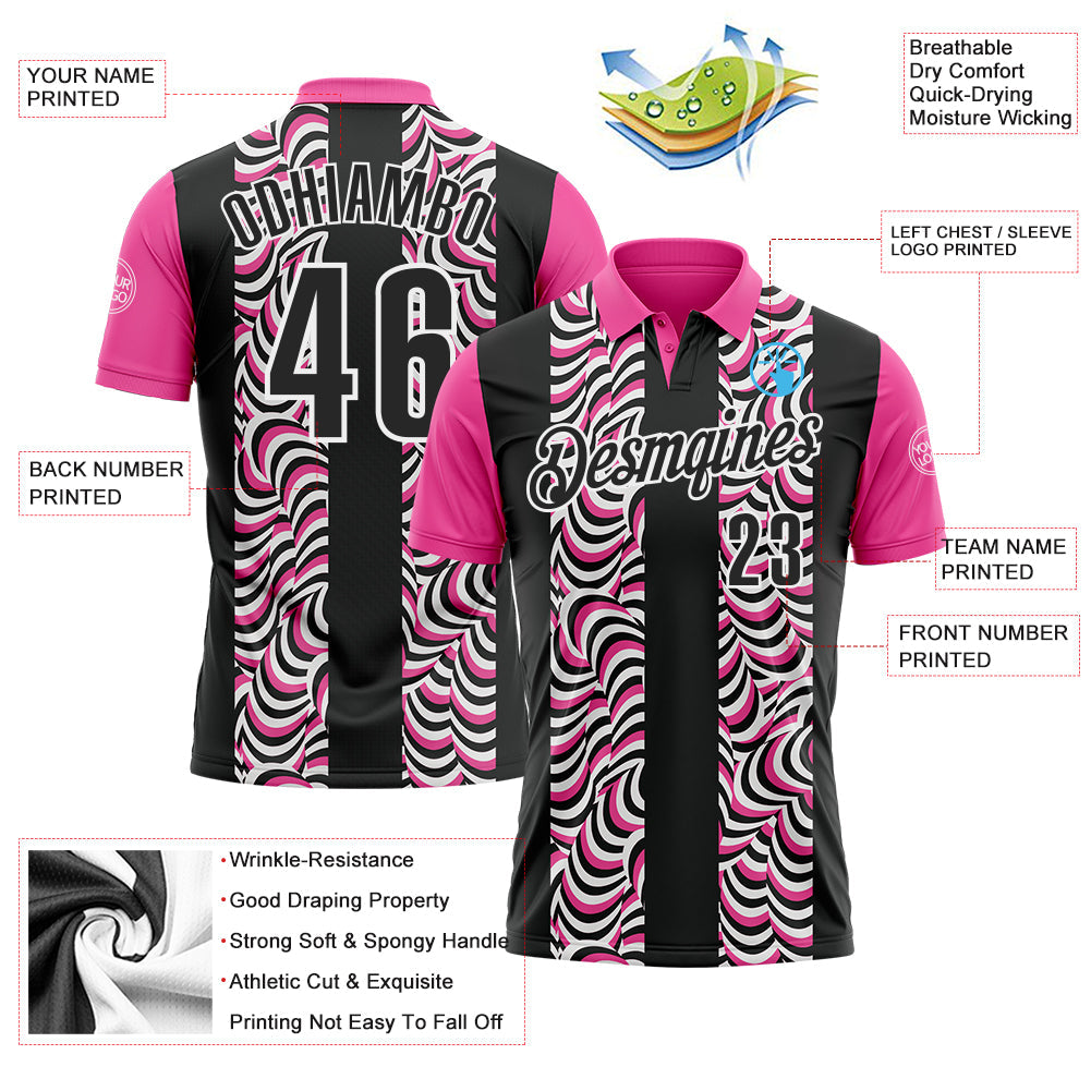 Custom Black Pink-White 3D Bowling Geometric Shape Performance Polo Shirt view 3