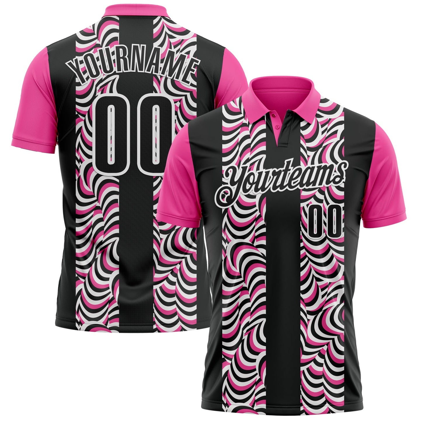Custom Black Pink-White 3D Bowling Geometric Shape Performance Polo Shirt - Main View