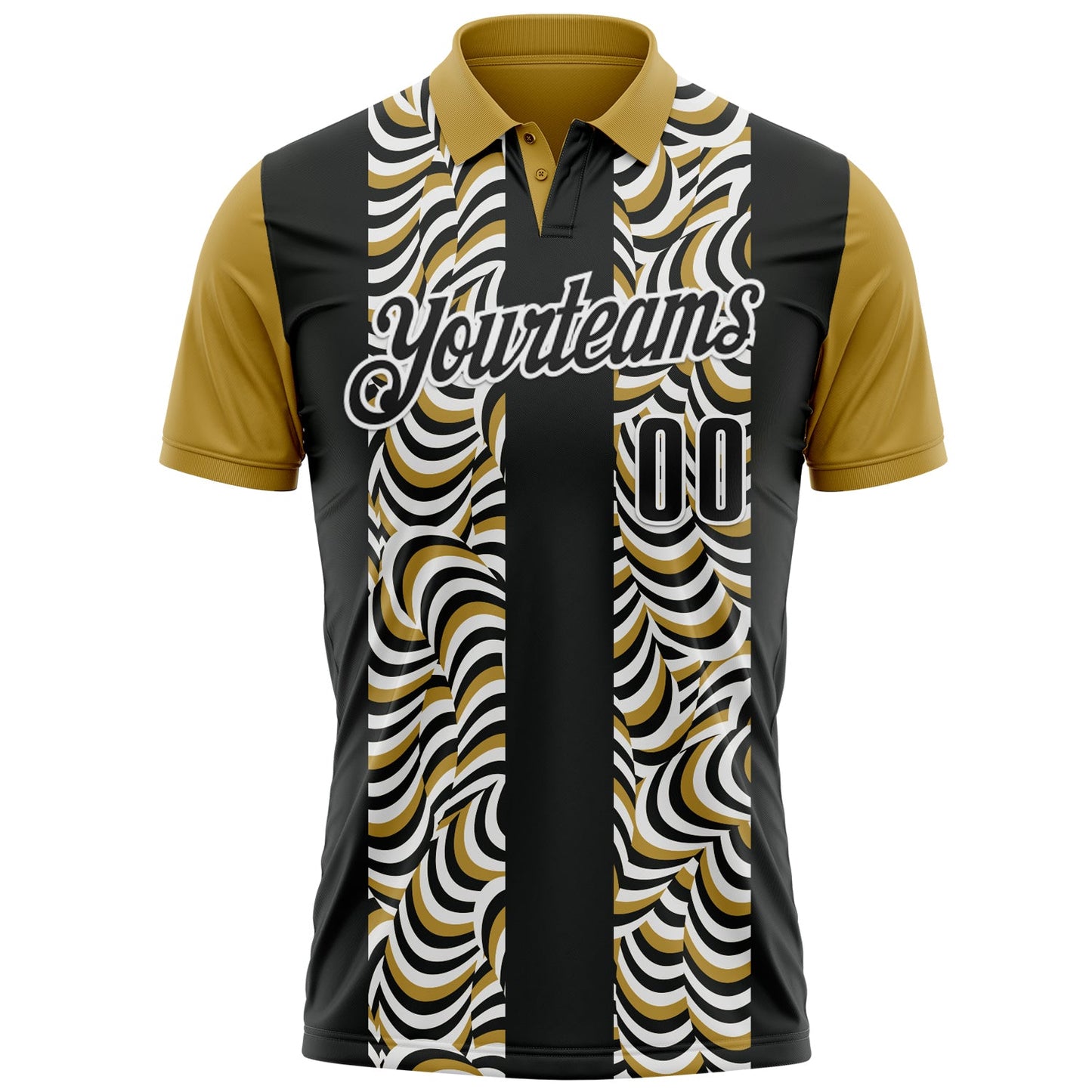 Custom Black Old Gold-White 3D Bowling Geometric Shape Performance Polo Shirt view 2
