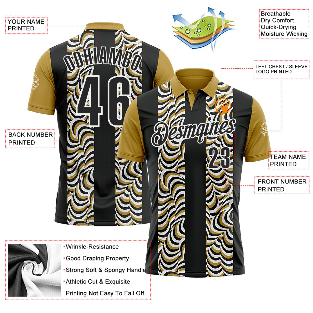 Custom Black Old Gold-White 3D Bowling Geometric Shape Performance Polo Shirt view 3