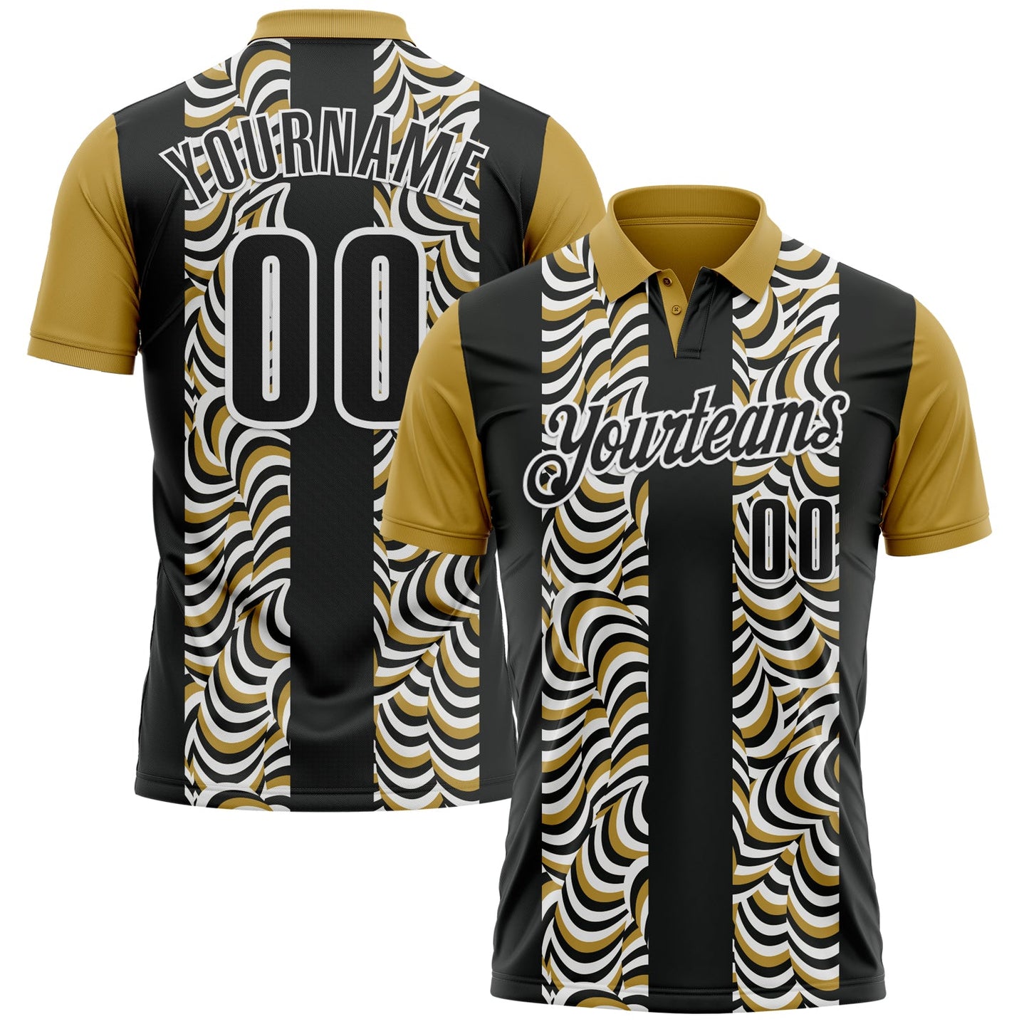 Custom Black Old Gold-White 3D Bowling Geometric Shape Performance Polo Shirt - Main View