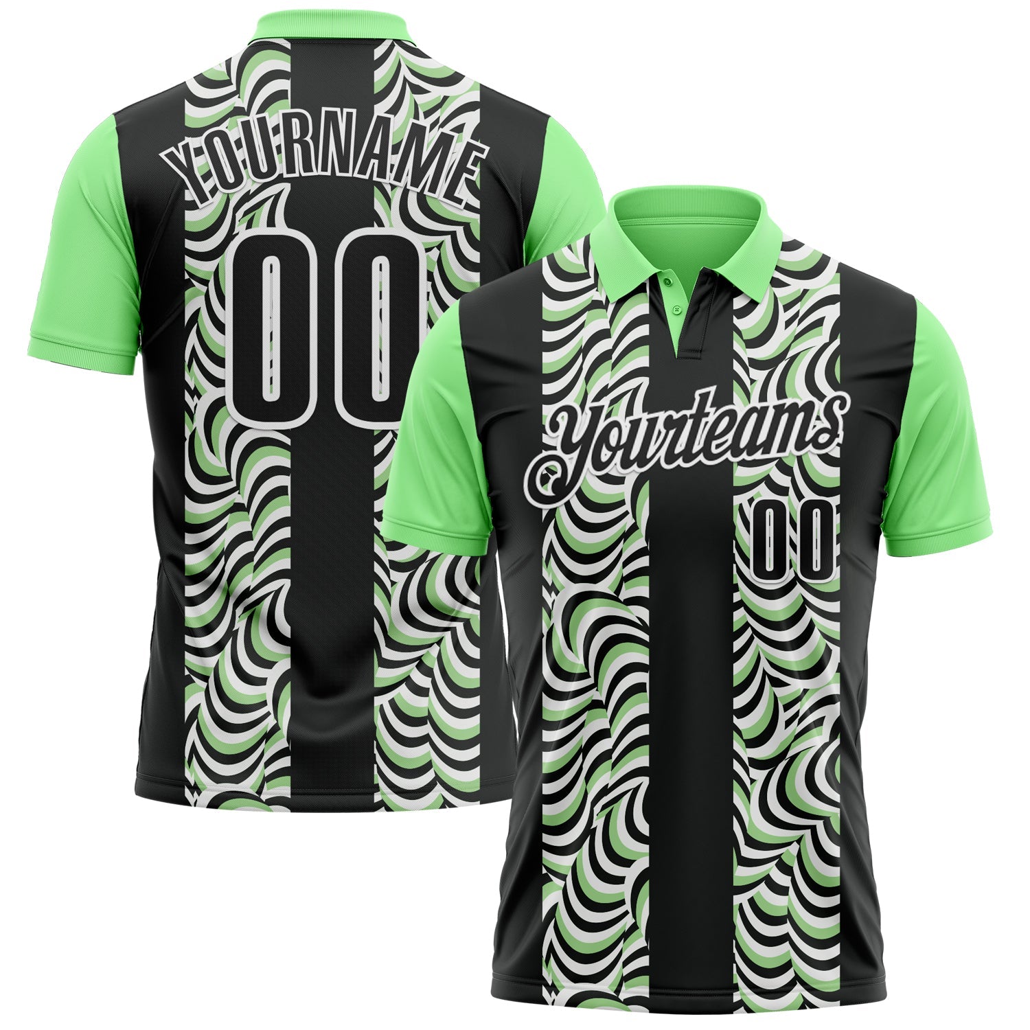 Custom Black Pea Green-White 3D Bowling Geometric Shape Performance Polo Shirt - Main View