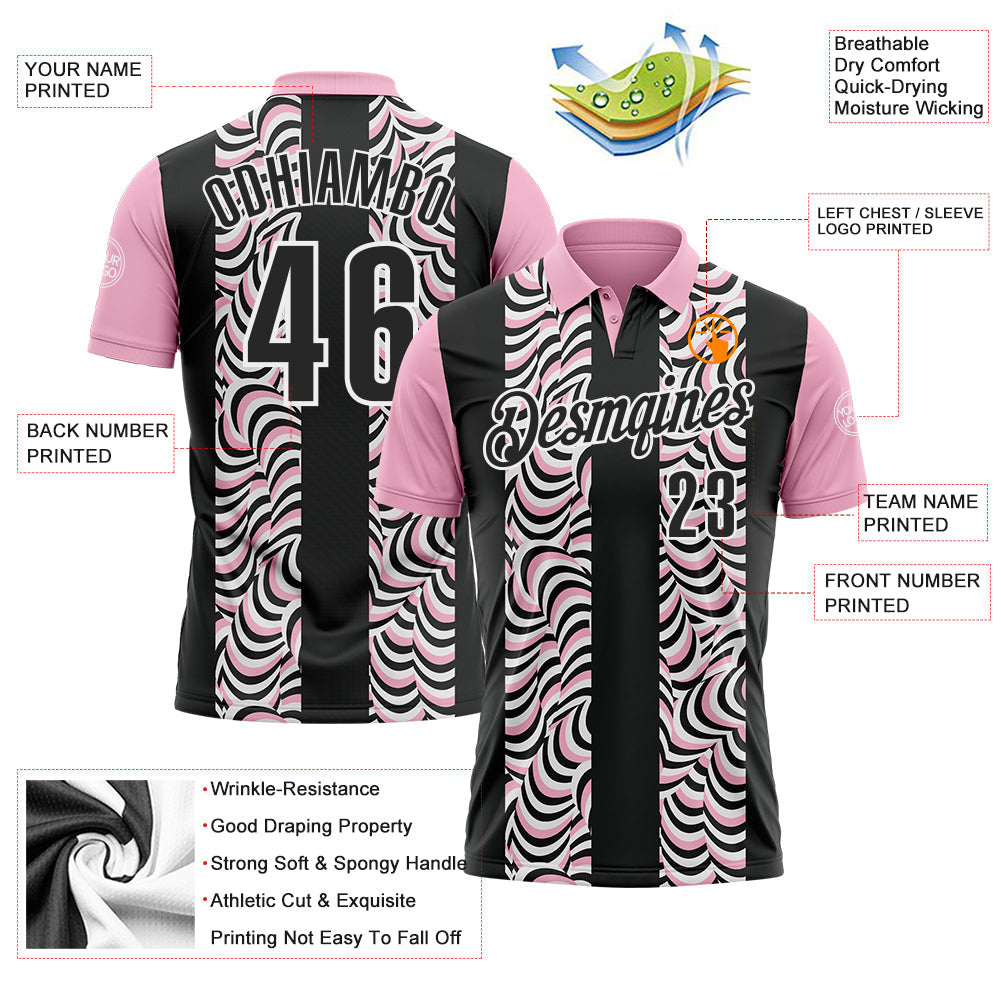 Custom Black Light Pink-White 3D Bowling Geometric Shape Performance Polo Shirt view 3