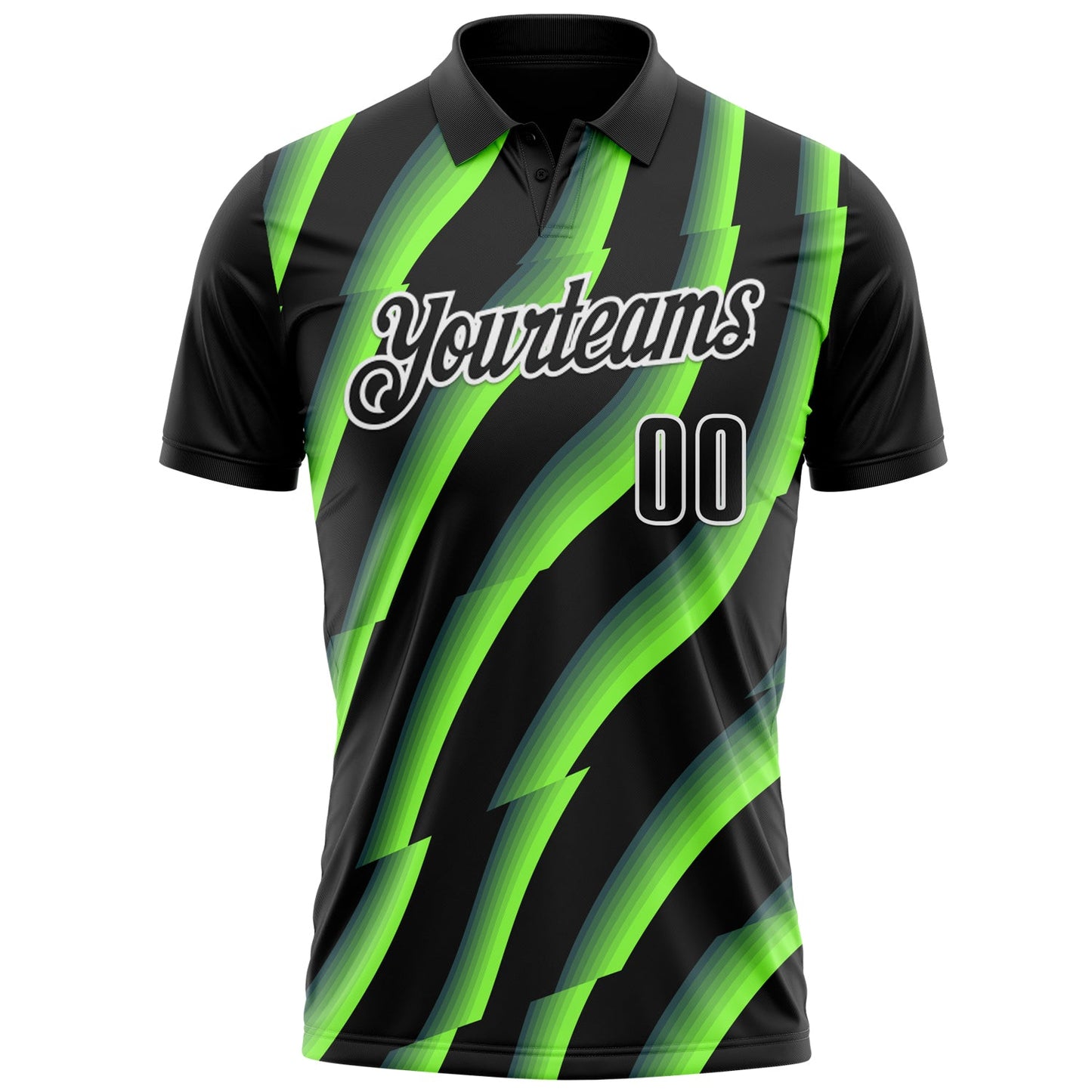 Custom Black Neon Green-White 3D Bowling Geometric Shape Performance Polo Shirt view 2