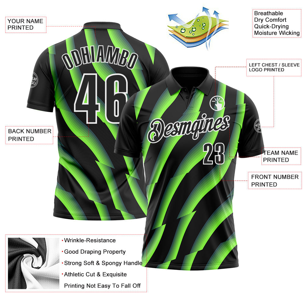 Custom Black Neon Green-White 3D Bowling Geometric Shape Performance Polo Shirt view 3