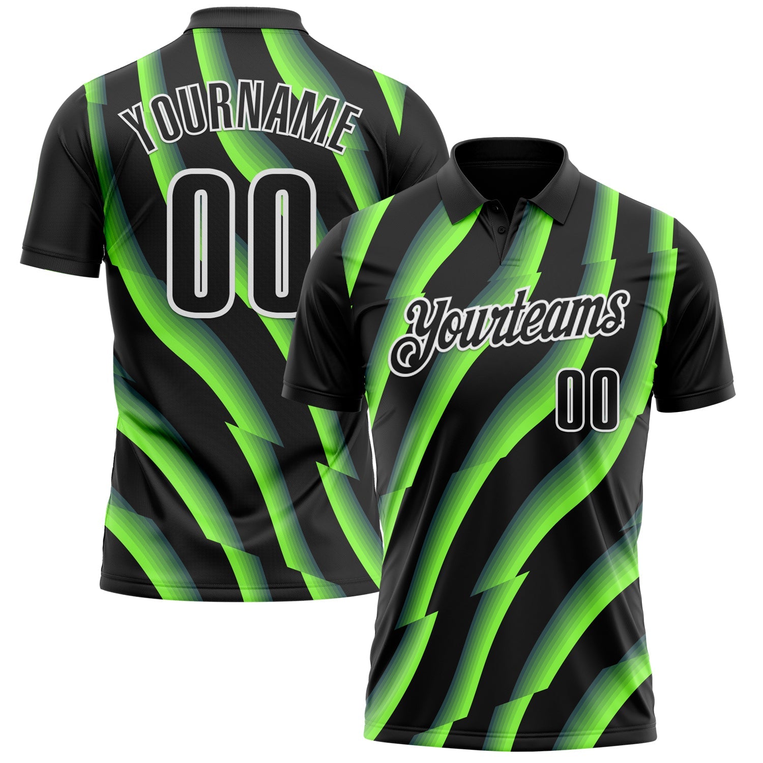 Custom Black Neon Green-White 3D Bowling Geometric Shape Performance Polo Shirt - Main View