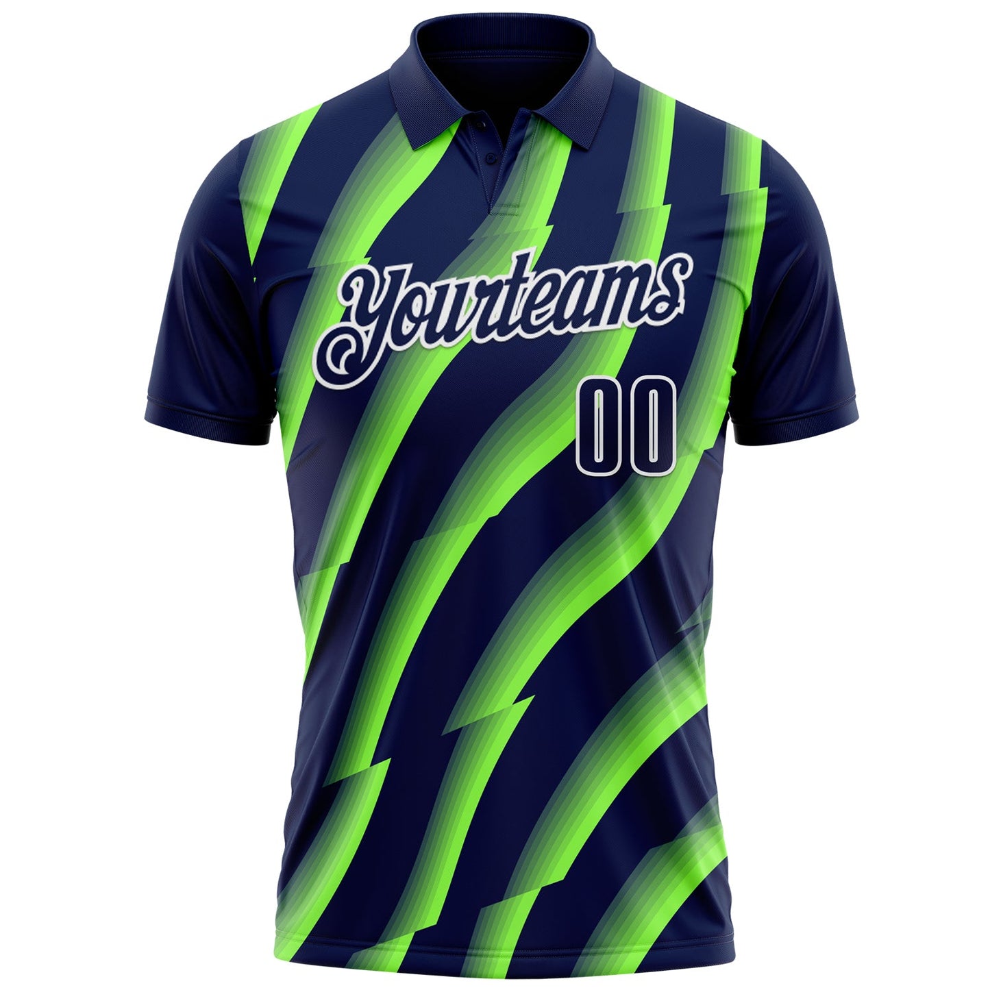 Custom Navy Neon Green-White 3D Bowling Geometric Shape Performance Polo Shirt view 2