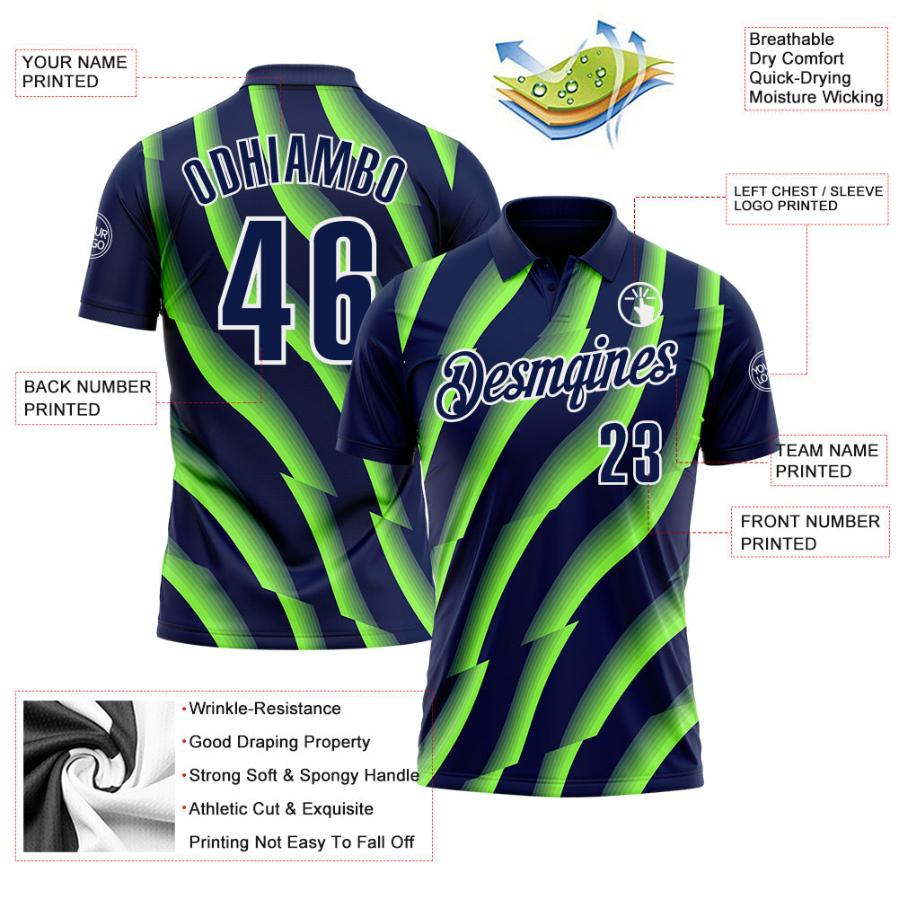 Custom Navy Neon Green-White 3D Bowling Geometric Shape Performance Polo Shirt view 3