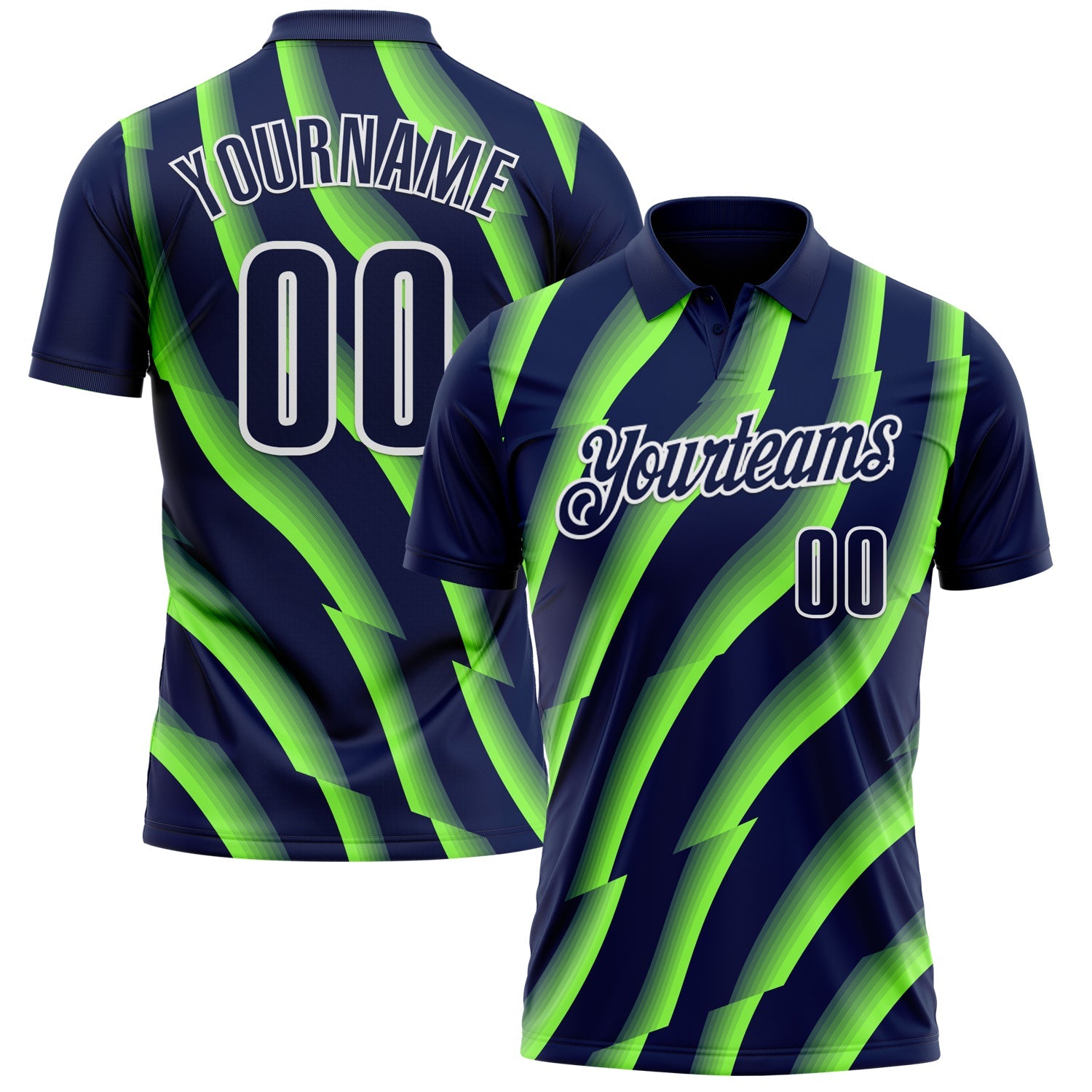 Custom Navy Neon Green-White 3D Bowling Geometric Shape Performance Polo Shirt - Main View