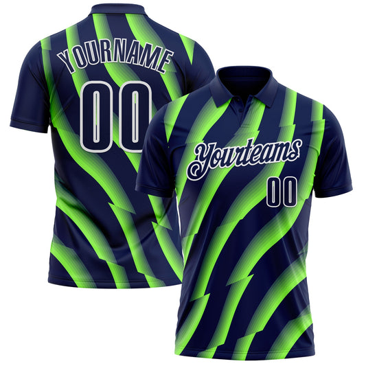 Custom Navy Neon Green-White 3D Bowling Geometric Shape Performance Polo Shirt - Main View