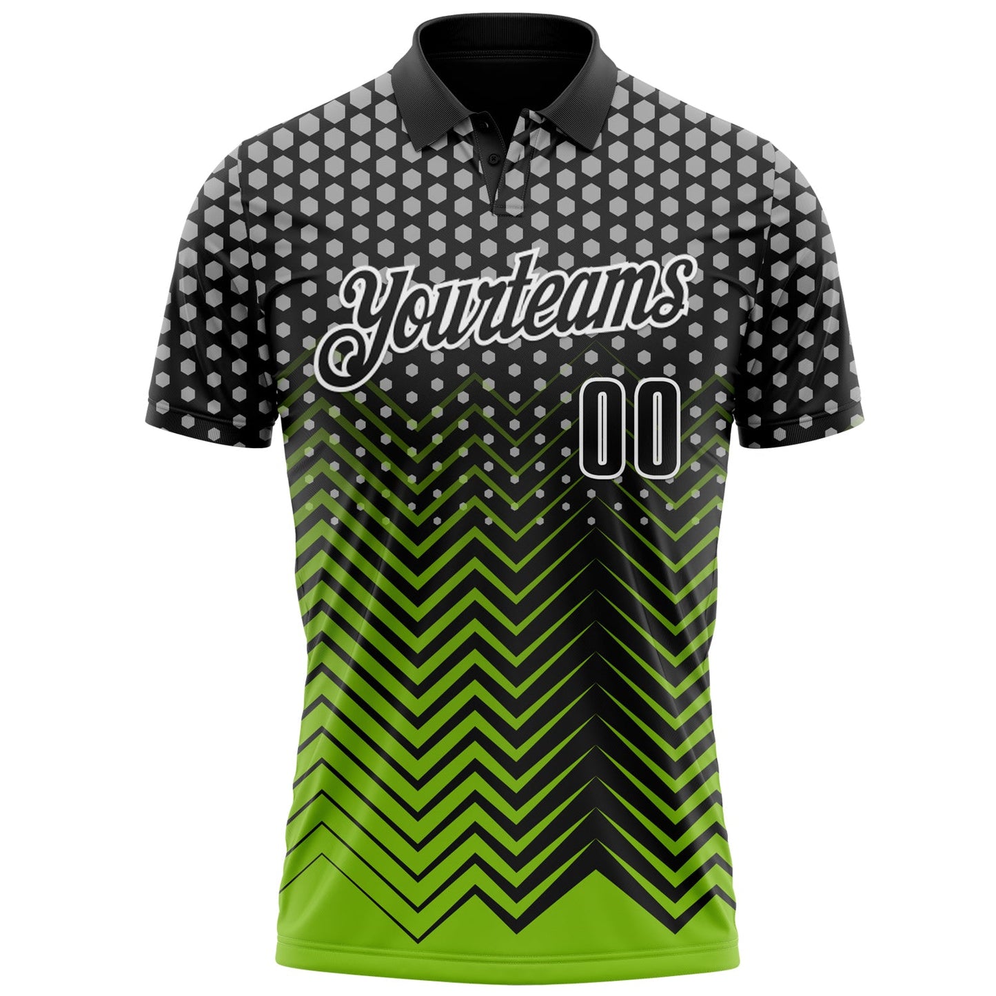 Custom Black Neon Green-Gray 3D Bowling Geometric Shape Performance Polo Shirt view 2