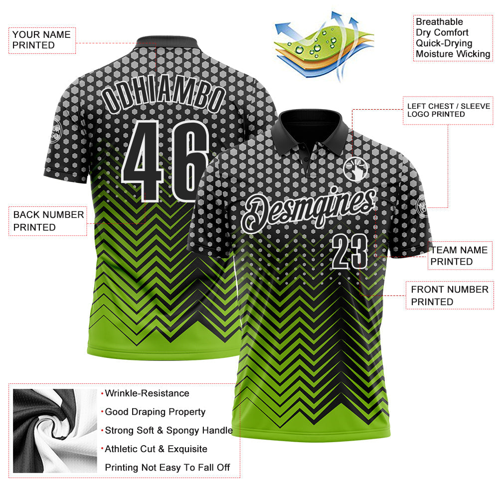Custom Black Neon Green-Gray 3D Bowling Geometric Shape Performance Polo Shirt view 3
