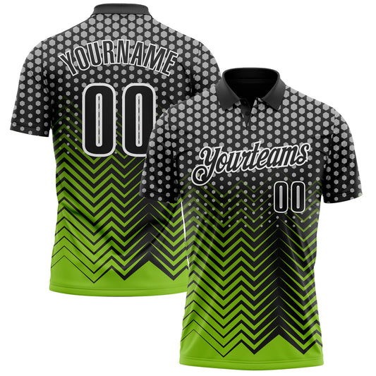 Custom Black Neon Green-Gray 3D Bowling Geometric Shape Performance Polo Shirt - Main View