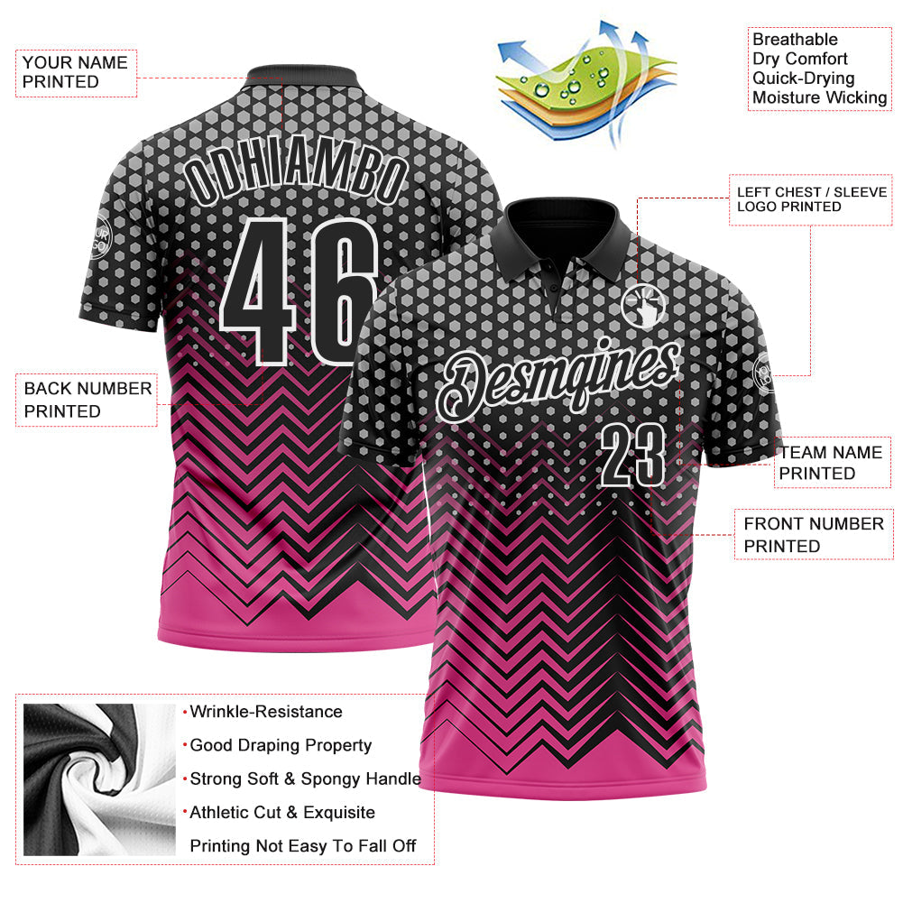 Custom Black Pink-Gray 3D Bowling Geometric Shape Performance Polo Shirt view 3