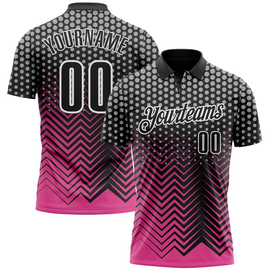 Custom Black Pink-Gray 3D Bowling Geometric Shape Performance Polo Shirt - Main View