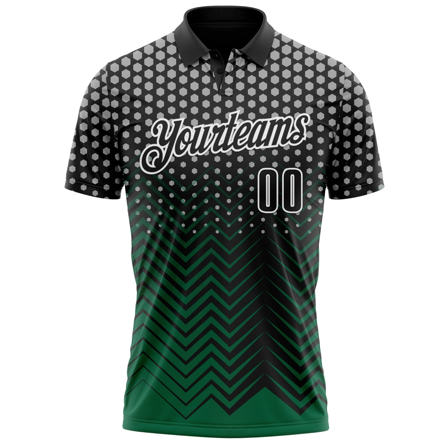 Custom Black Kelly Green-Gray 3D Bowling Geometric Shape Performance Polo Shirt view 2