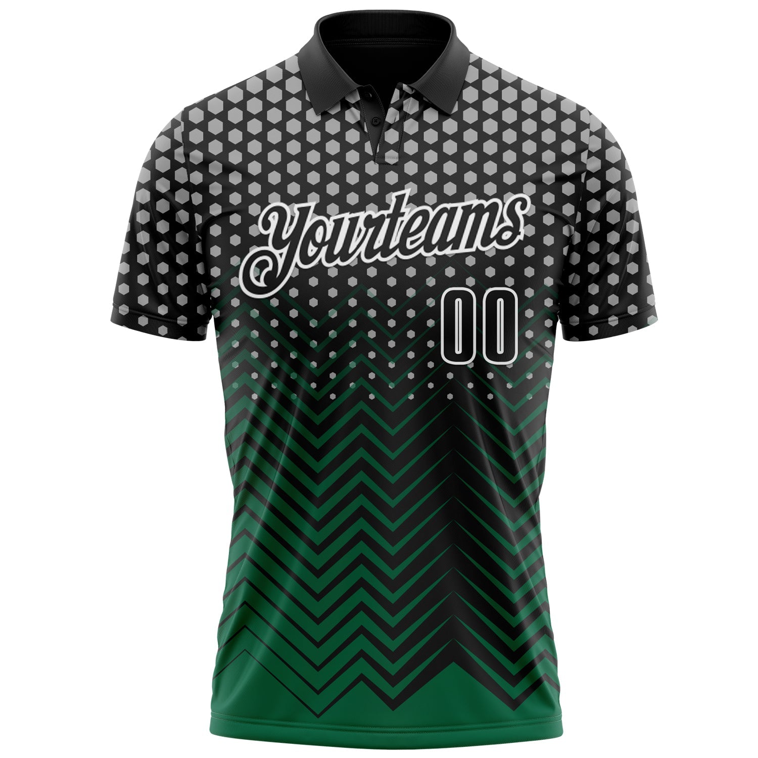 Custom Black Kelly Green-Gray 3D Bowling Geometric Shape Performance Polo Shirt view 2