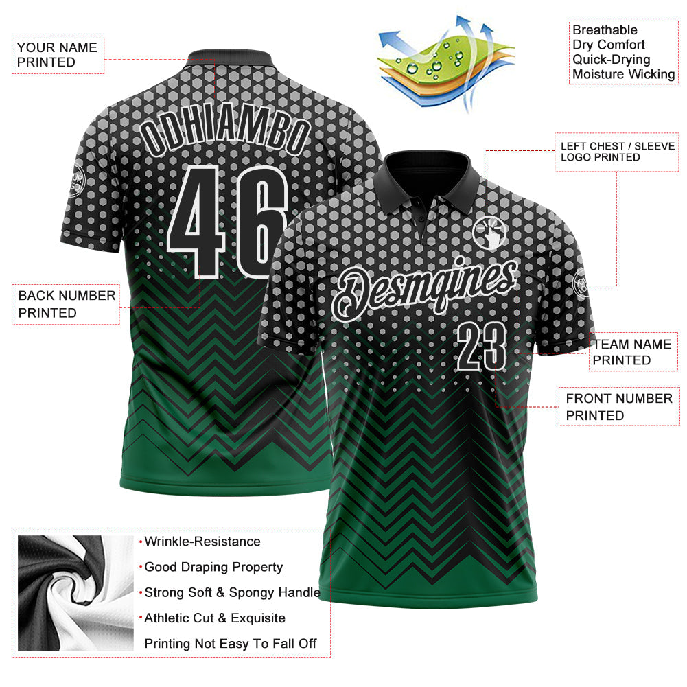 Custom Black Kelly Green-Gray 3D Bowling Geometric Shape Performance Polo Shirt view 3