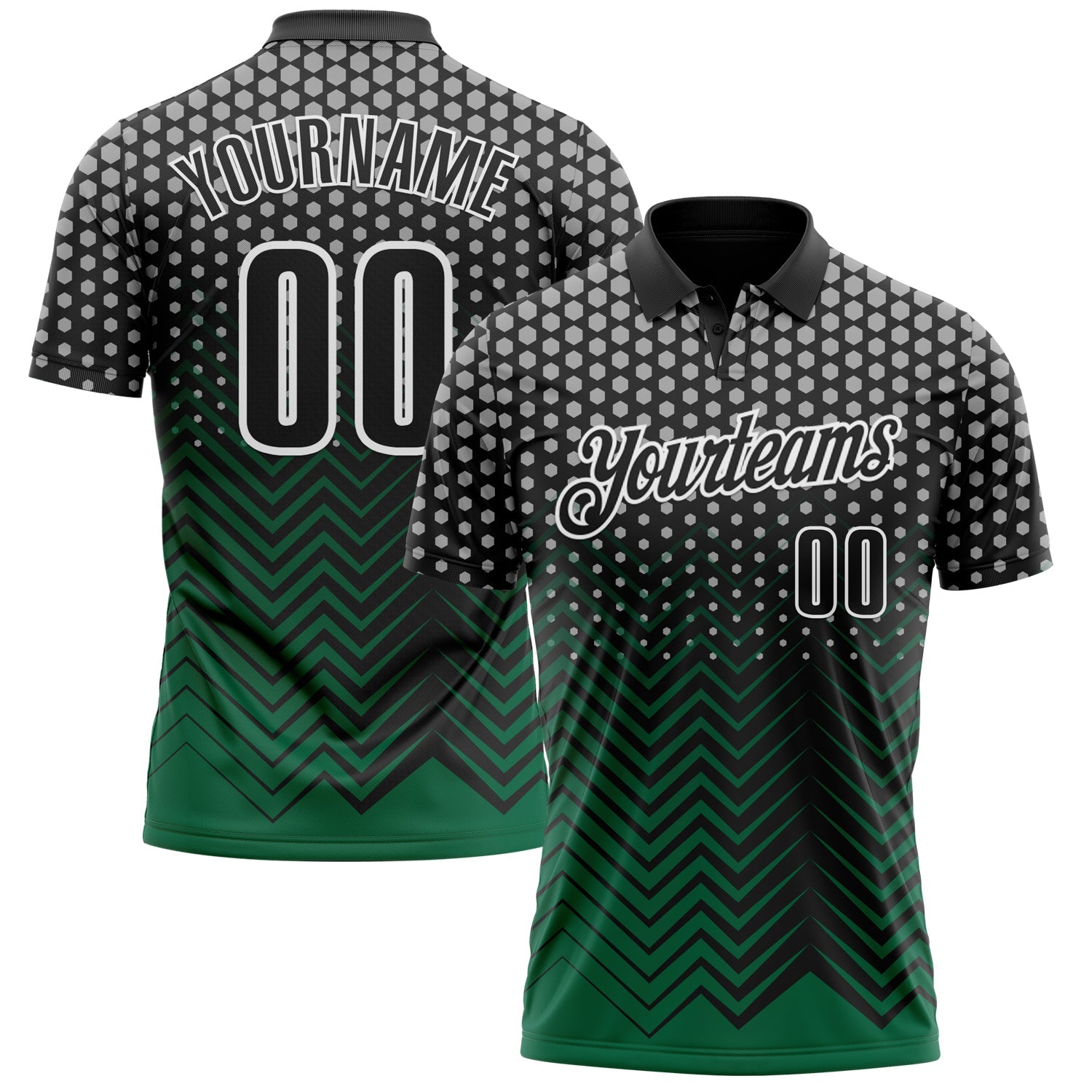 Custom Black Kelly Green-Gray 3D Bowling Geometric Shape Performance Polo Shirt - Main View