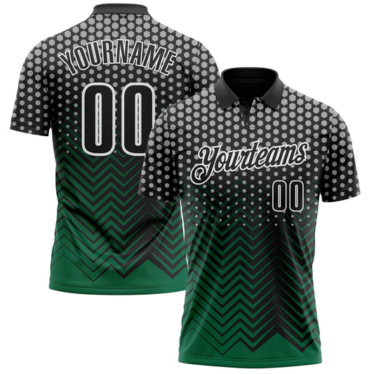 Custom Black Kelly Green-Gray 3D Bowling Geometric Shape Performance Polo Shirt - Main View