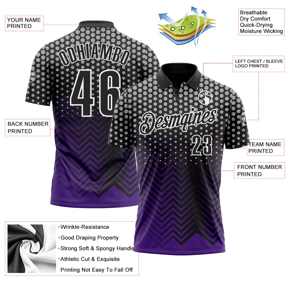 Custom Black Purple-Gray 3D Bowling Geometric Shape Performance Polo Shirt view 3