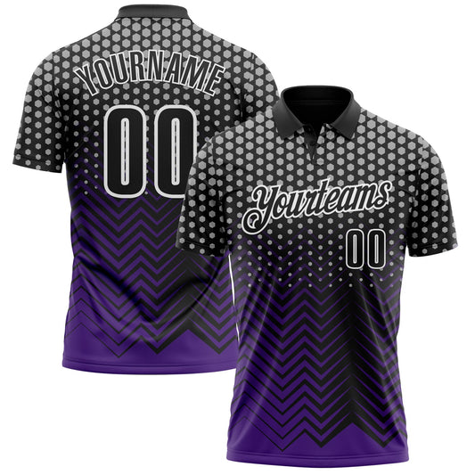 Custom Black Purple-Gray 3D Bowling Geometric Shape Performance Polo Shirt - Main View