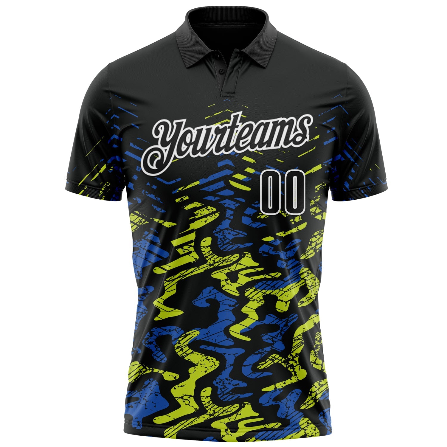 Custom Black Royal-Neon Yellow 3D Bowling Abstract Grunge Art Performance Polo Shirt view 2