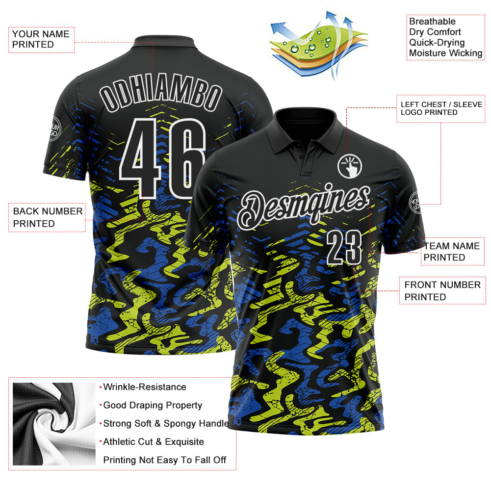 Custom Black Royal-Neon Yellow 3D Bowling Abstract Grunge Art Performance Polo Shirt view 3
