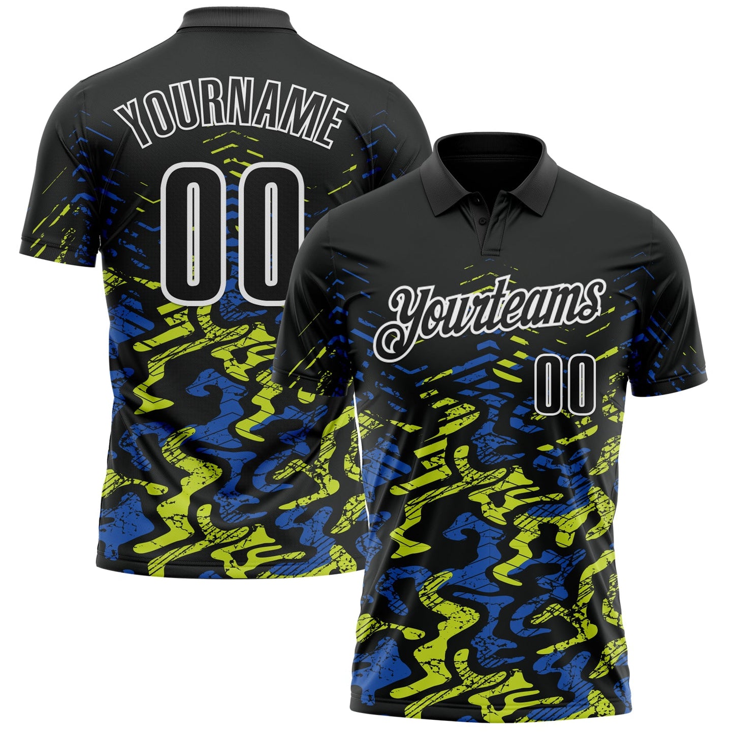 Custom Black Royal-Neon Yellow 3D Bowling Abstract Grunge Art Performance Polo Shirt - Main View