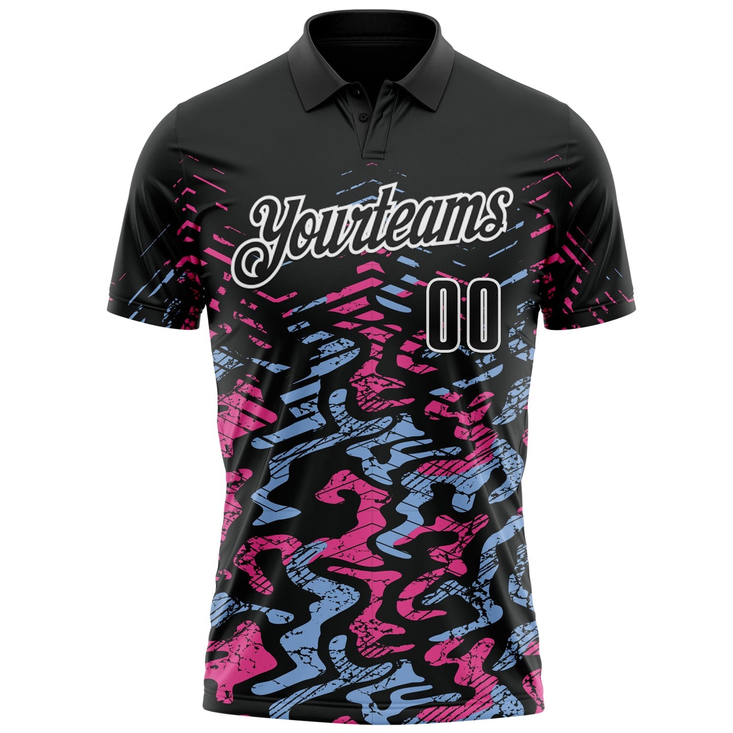 Custom Black Light Blue-Pink 3D Bowling Abstract Grunge Art Performance Polo Shirt view 2