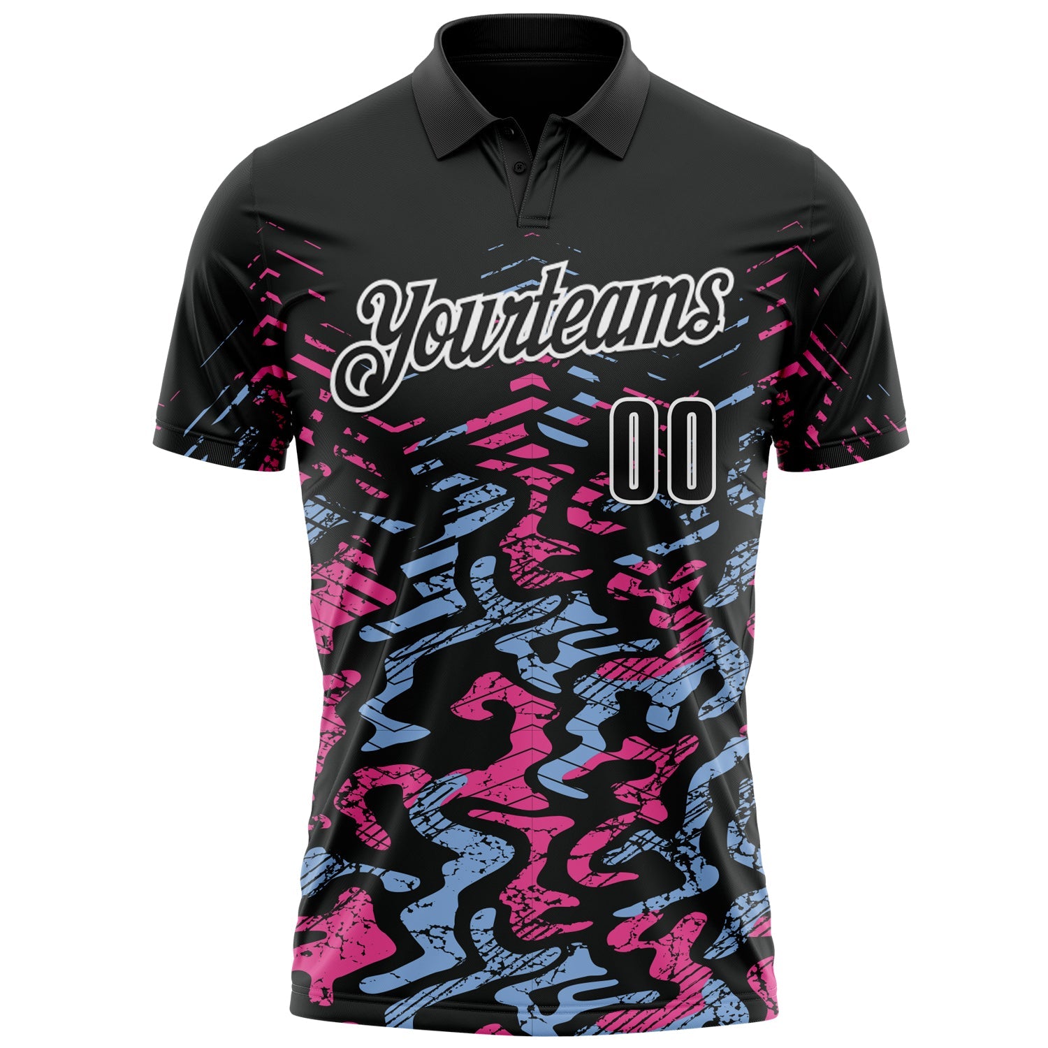 Custom Black Light Blue-Pink 3D Bowling Abstract Grunge Art Performance Polo Shirt view 2