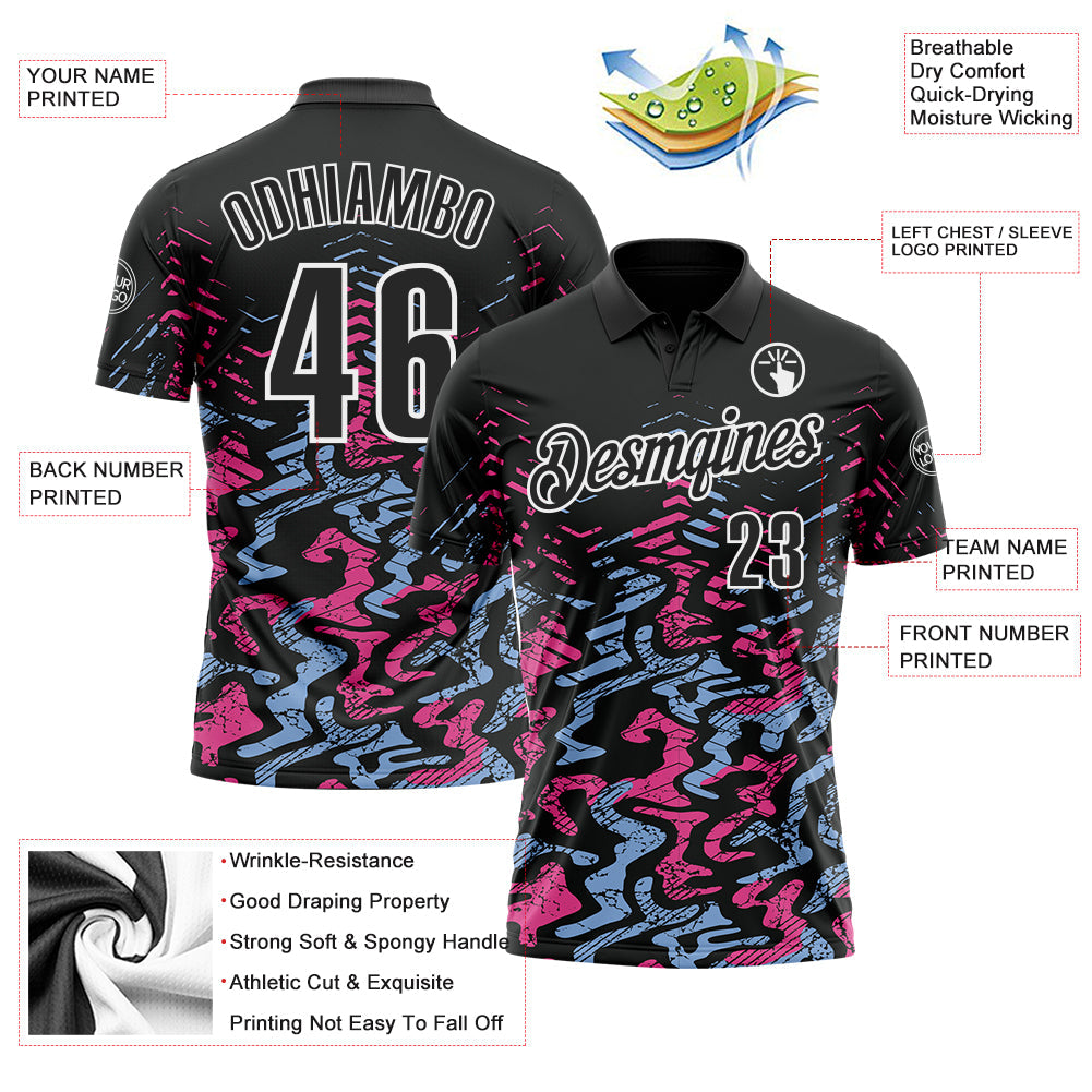 Custom Black Light Blue-Pink 3D Bowling Abstract Grunge Art Performance Polo Shirt view 3