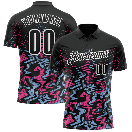 Custom Black Light Blue-Pink 3D Bowling Abstract Grunge Art Performance Polo Shirt - Main View