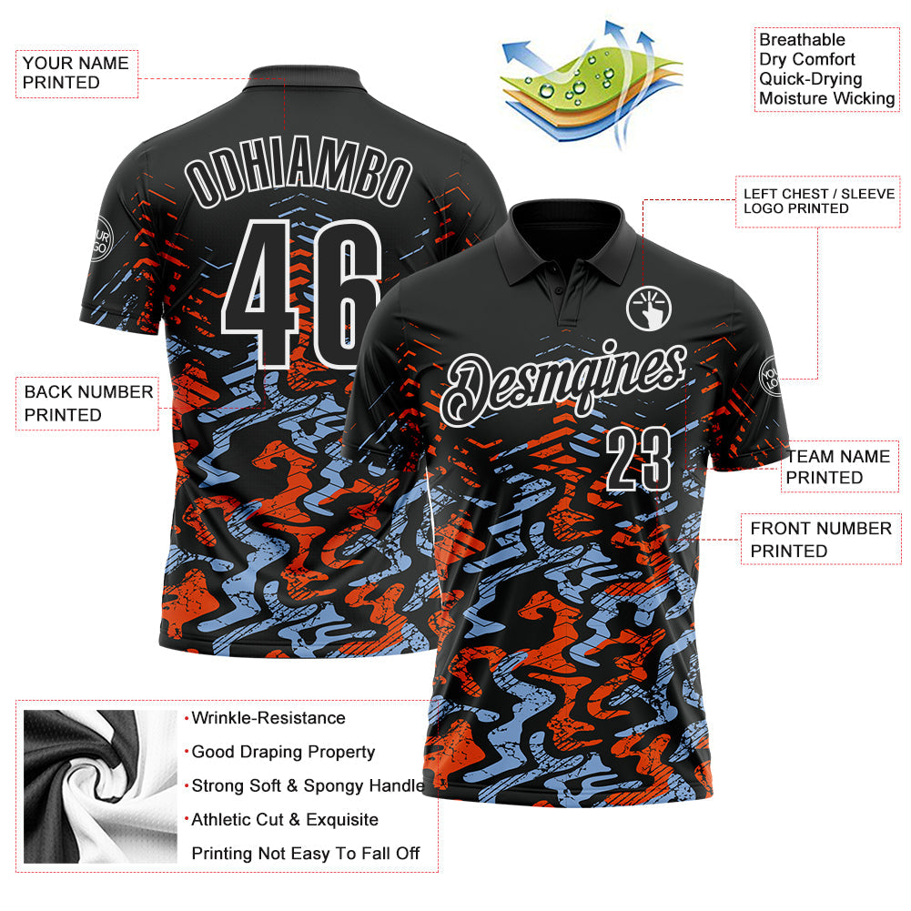Custom Black Light Blue-Orange 3D Bowling Abstract Grunge Art Performance Polo Shirt view 3