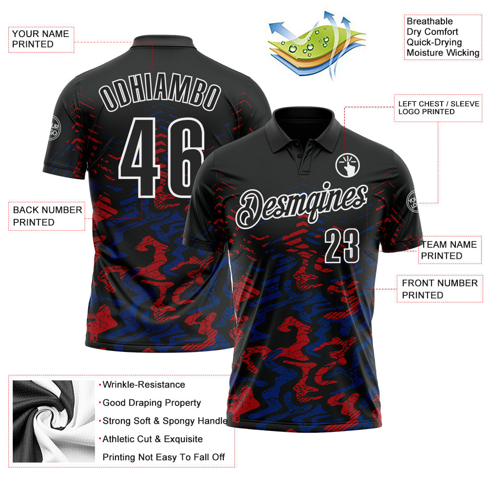 Custom Black Royal-Red 3D Bowling Abstract Grunge Art Performance Polo Shirt view 3