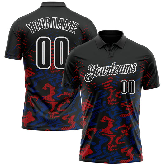 Custom Black Royal-Red 3D Bowling Abstract Grunge Art Performance Polo Shirt - Main View