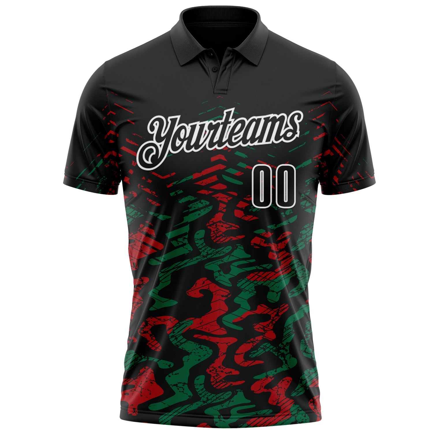 Custom Black Kelly Green-Red 3D Bowling Abstract Grunge Art Performance Polo Shirt view 2