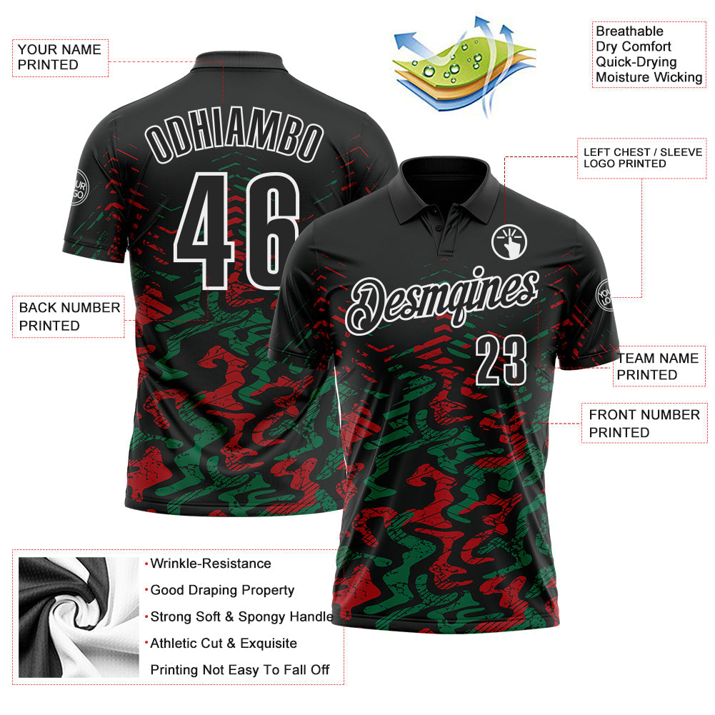 Custom Black Kelly Green-Red 3D Bowling Abstract Grunge Art Performance Polo Shirt view 3
