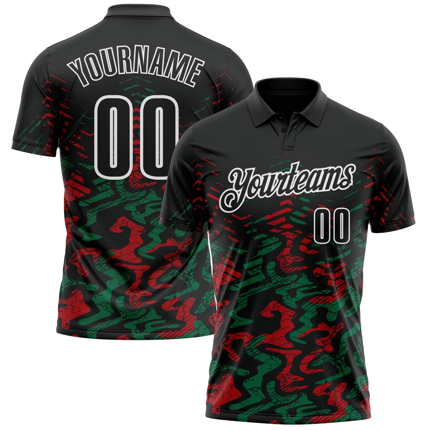 Custom Black Kelly Green-Red 3D Bowling Abstract Grunge Art Performance Polo Shirt - Main View