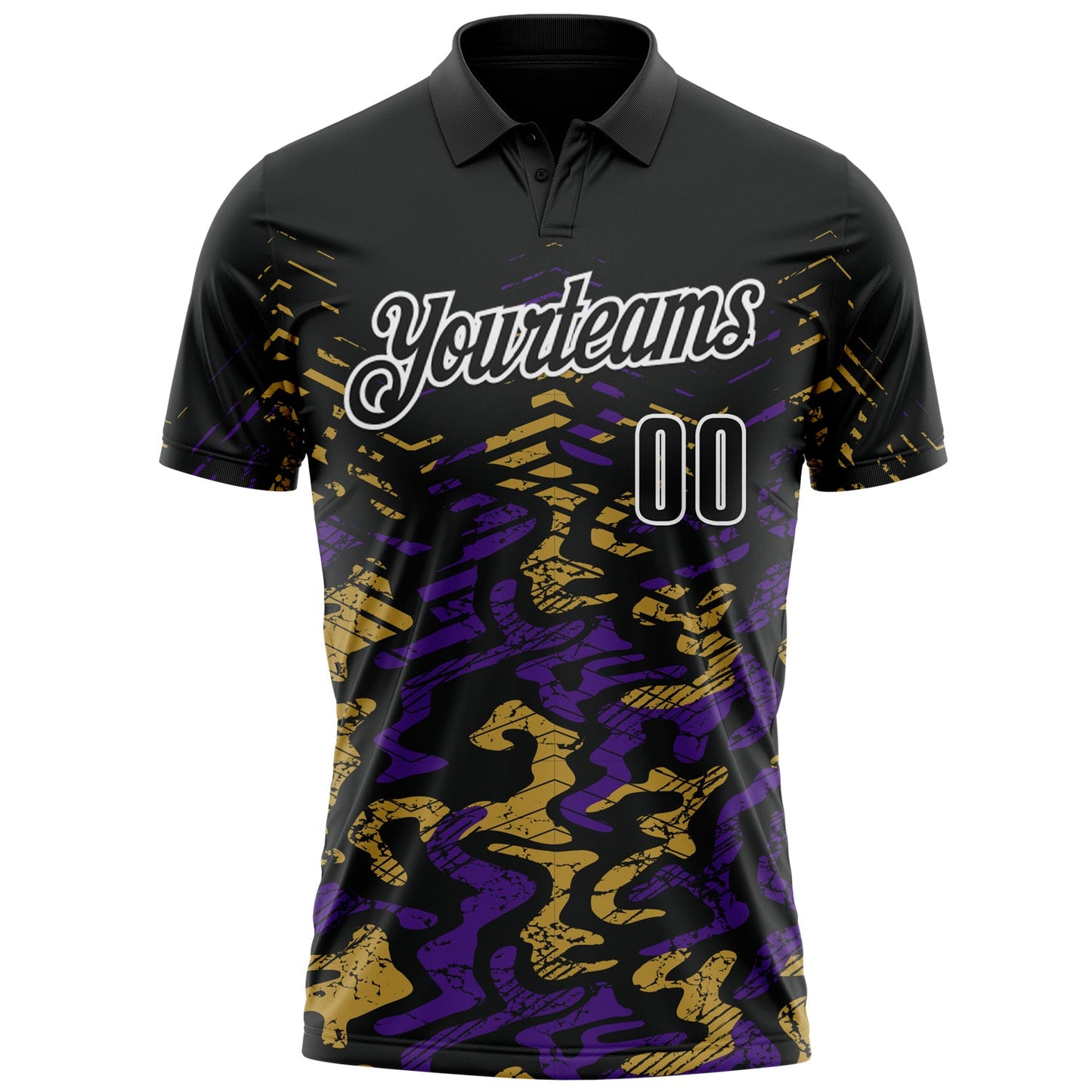 Custom Black Purple-Old Gold 3D Bowling Abstract Grunge Art Performance Polo Shirt view 2
