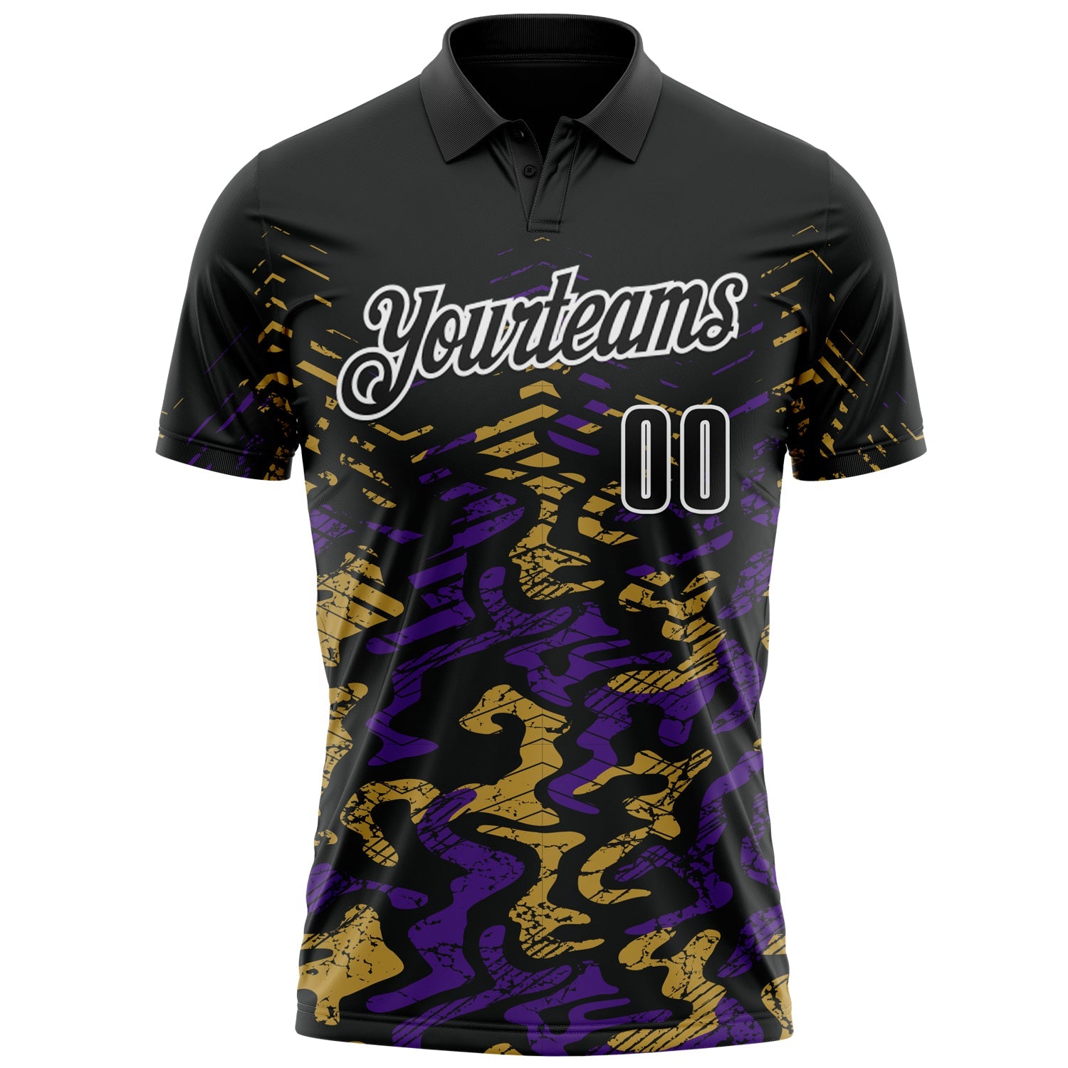 Custom Black Purple-Old Gold 3D Bowling Abstract Grunge Art Performance Polo Shirt view 2
