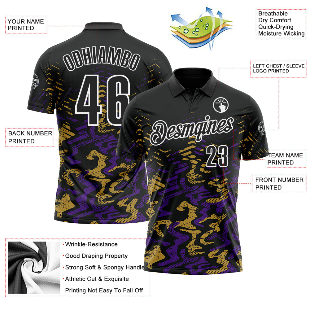 Custom Black Purple-Old Gold 3D Bowling Abstract Grunge Art Performance Polo Shirt view 3