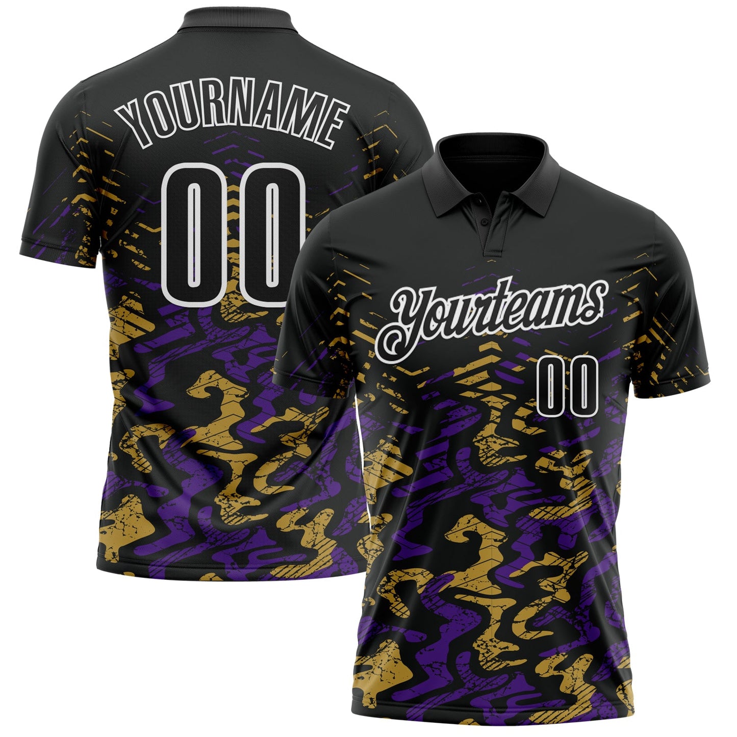 Custom Black Purple-Old Gold 3D Bowling Abstract Grunge Art Performance Polo Shirt - Main View