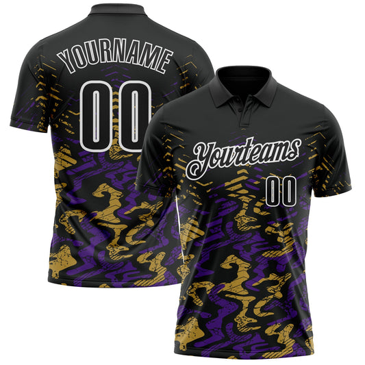 Custom Black Purple-Old Gold 3D Bowling Abstract Grunge Art Performance Polo Shirt - Main View