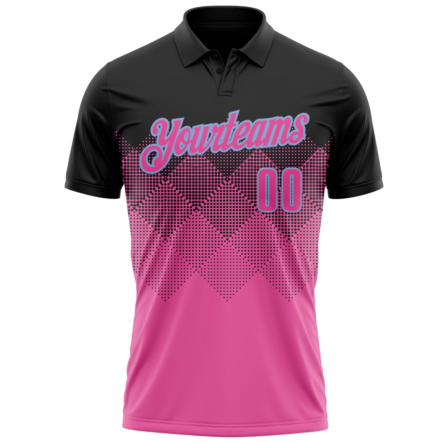 Custom Black Pink-Light Blue 3D Pattern Design Gradient Square Shape Performance Polo Shirt view 2